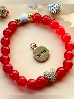 Red Beaded Heart Bracelet Gold Charm Stackable Statement Jewelry